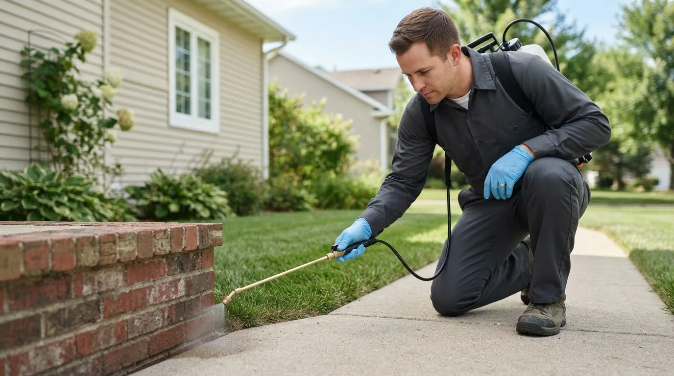Pest control technician treating a home near Polo, MO